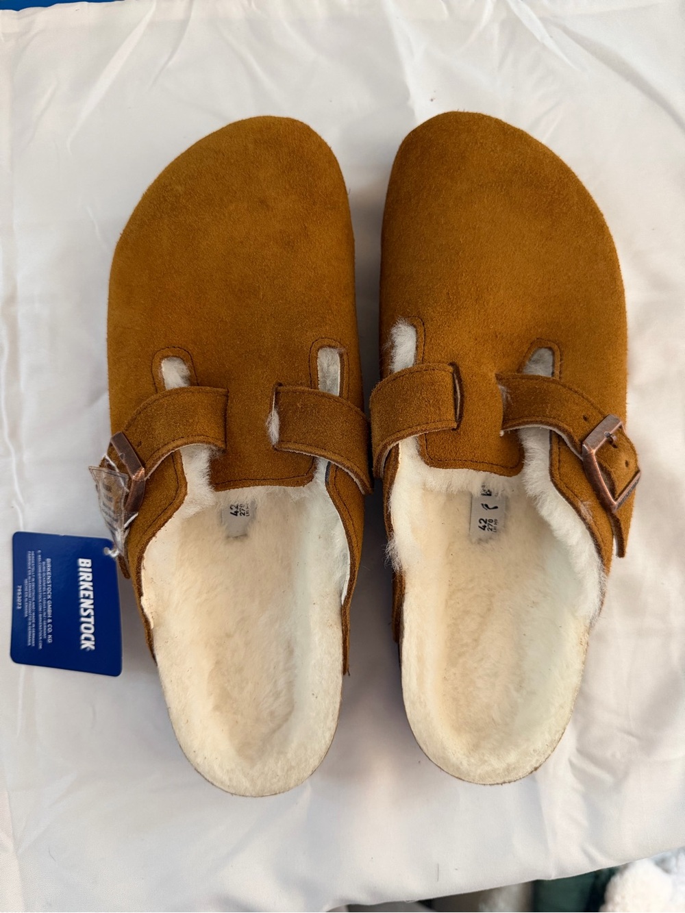 Birkenstock Suede Shearling Clogs in Chestnut Brown